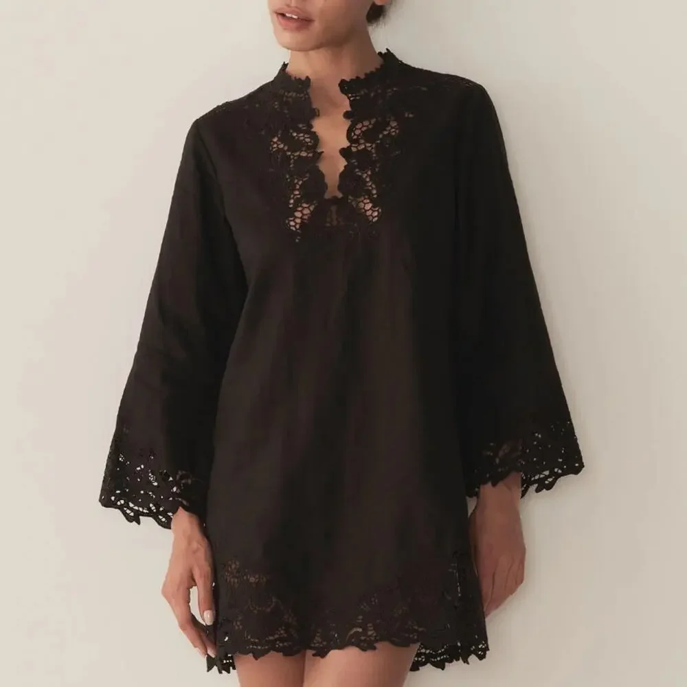 NWT Doen Roselie Linen Lace Crochet Collar 3/4 Sleeve Tunic Mini Dress Black - Picture 2 of 16